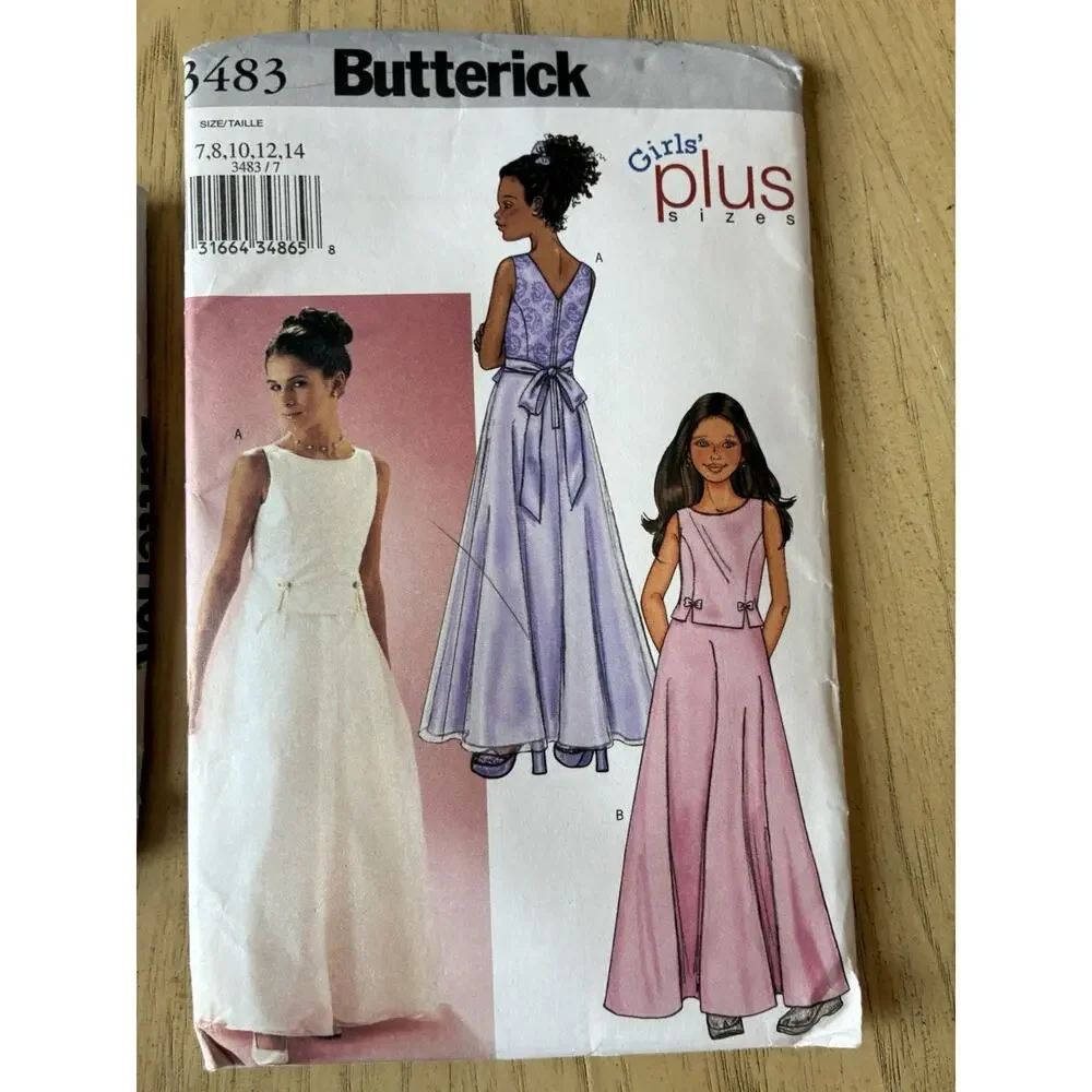 2- Butterick Girl Formal Princess Bridesmaid Long Dress Sewing Pattern Plus 7-14